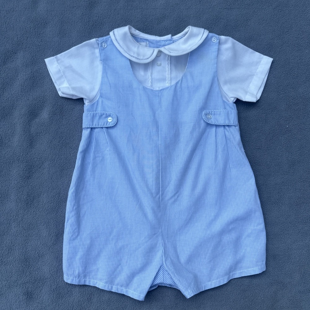 Petit Ami Jon Jon Boys Romper Baby Boys 9M Blue Gingham Church Wedding Easter